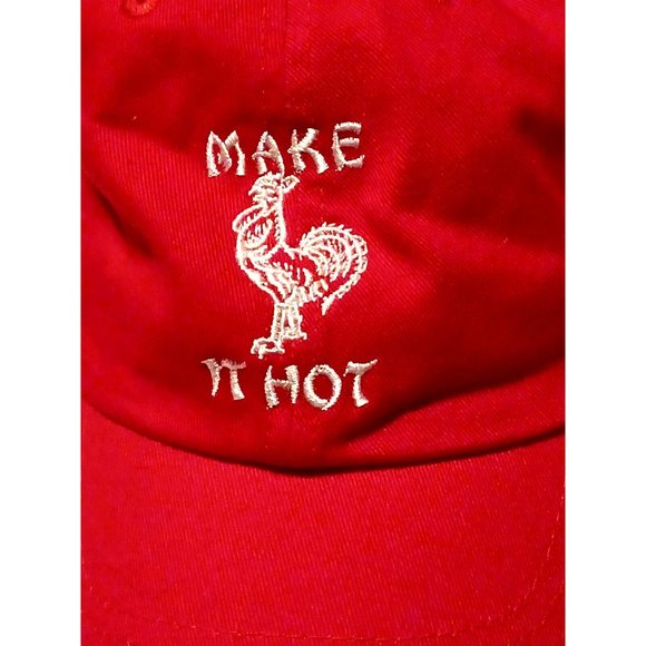 Petal and Peacocks Red Rooster Make It Hot Sriracha Hat OSFM ADJUSTABLE - Picture 3 of 10